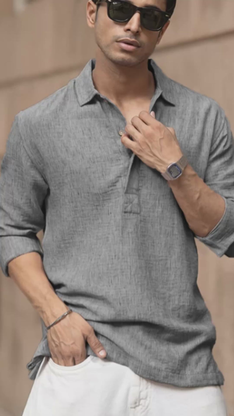 Dark Grey Slub Kurta Shirt.