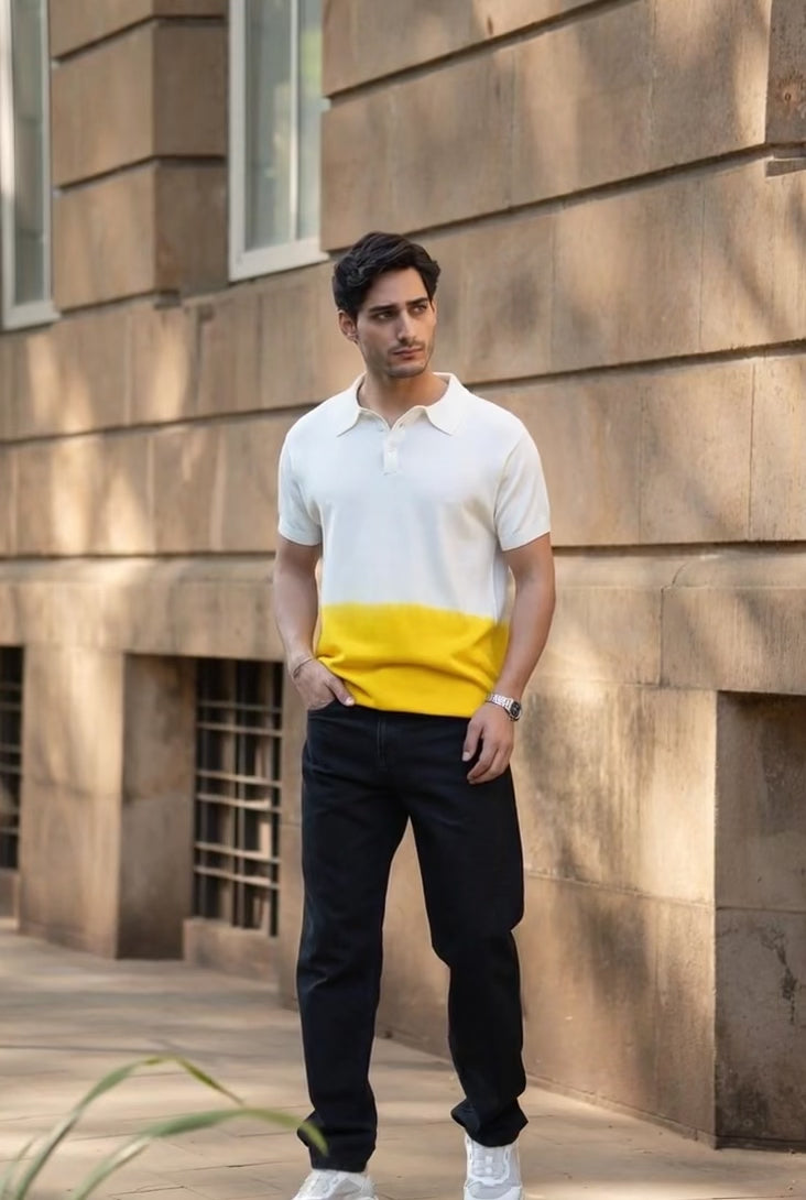 Load video: Yellow Ombre Knit Polo T-Shirt.