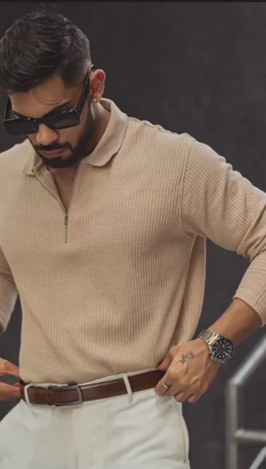 Load video: Light Fawn Waffle Design Regular Fit Full Sleeve T Shirt with Zipper.