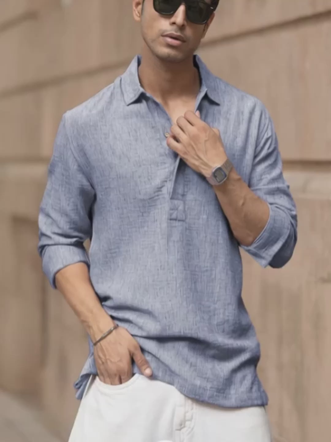 Load video: Blue Slub Kurta Shirt.