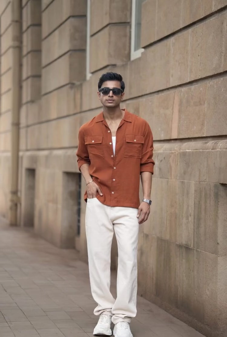 Tan Linen Double Pocket Shirt.