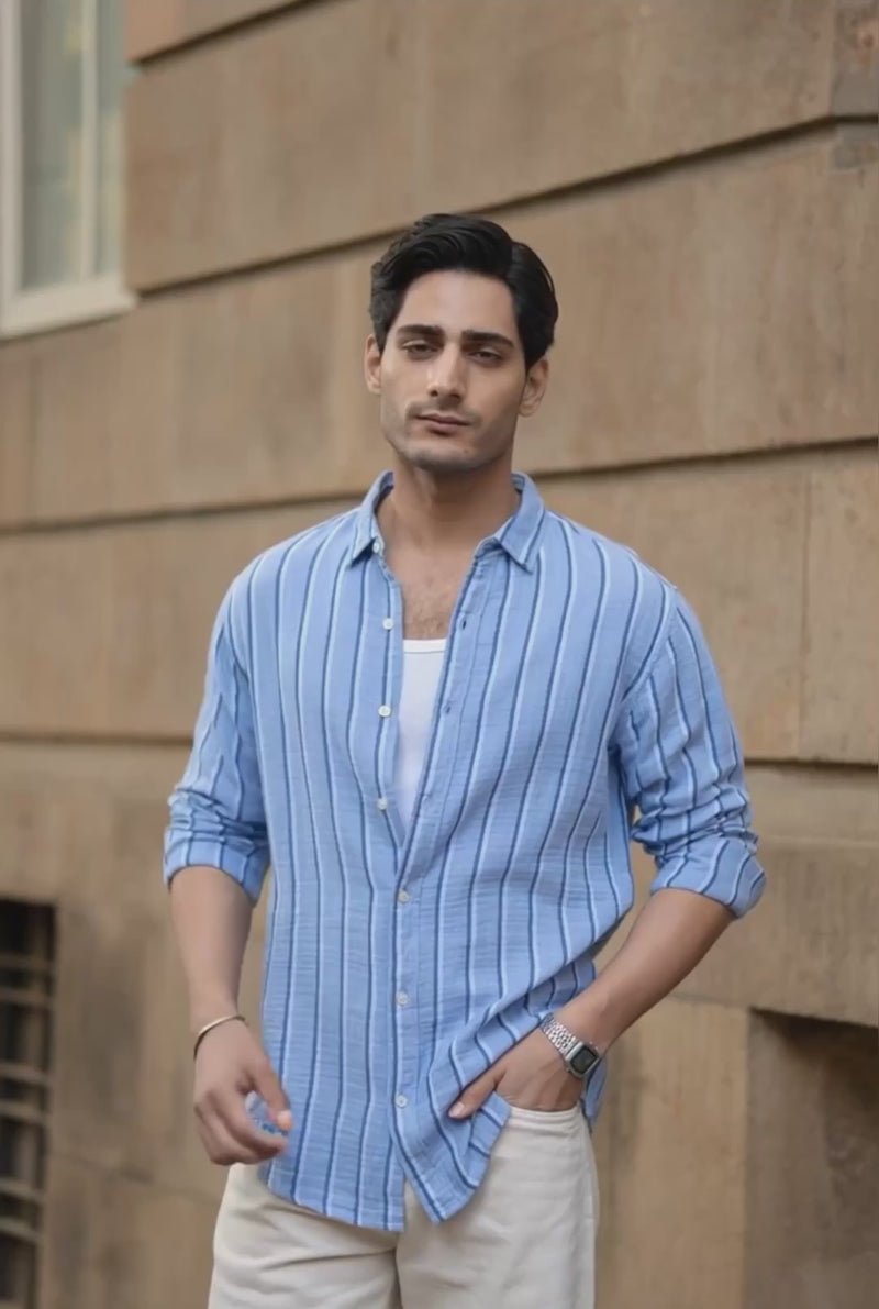 Blue Double Cloth Striped Shirt.