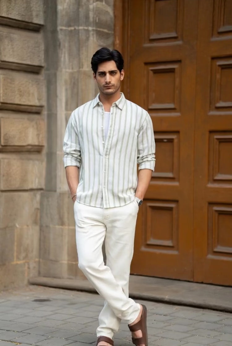 Natural & Green Broad Stripe Shirt.
