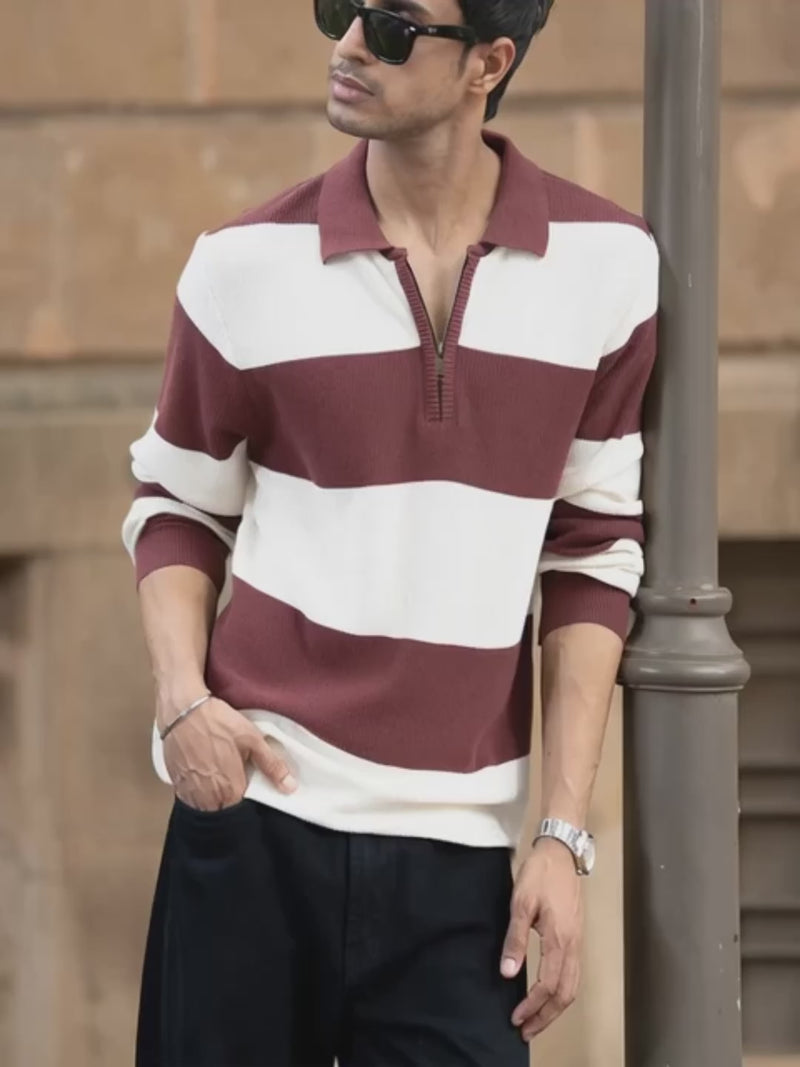 Brown Knit Striped Zipper T-Shirt.